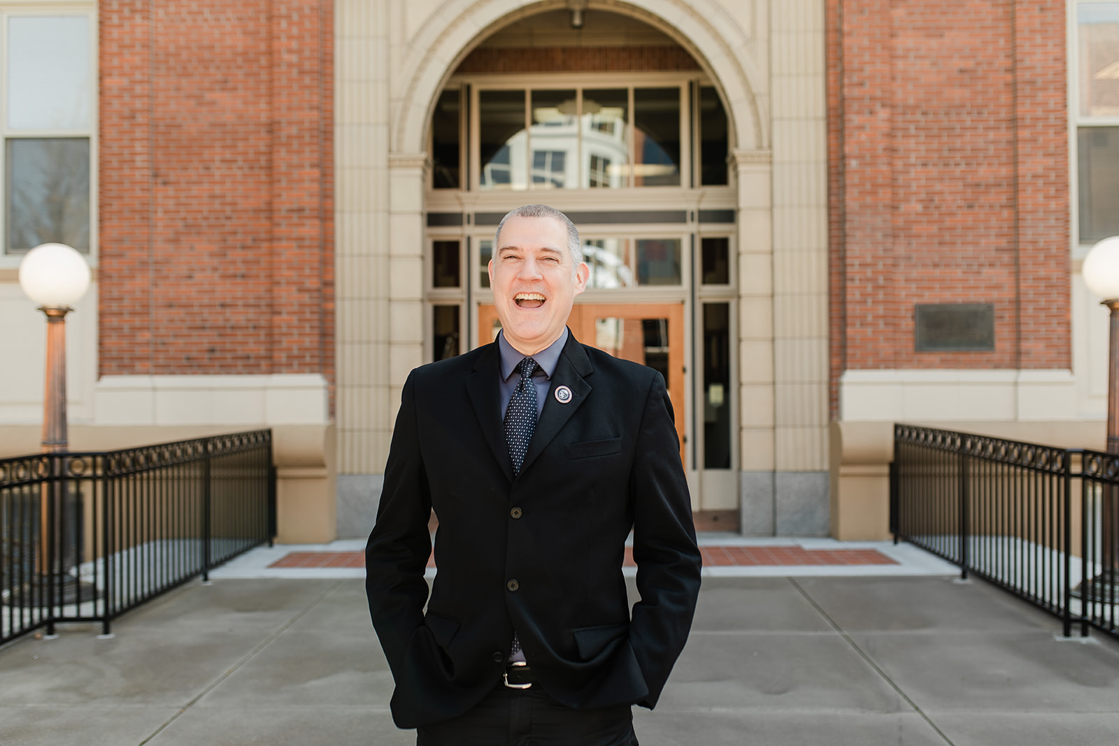 Dean Headshots for the Oregon State School of Pharmacy in front of the historic pharm building